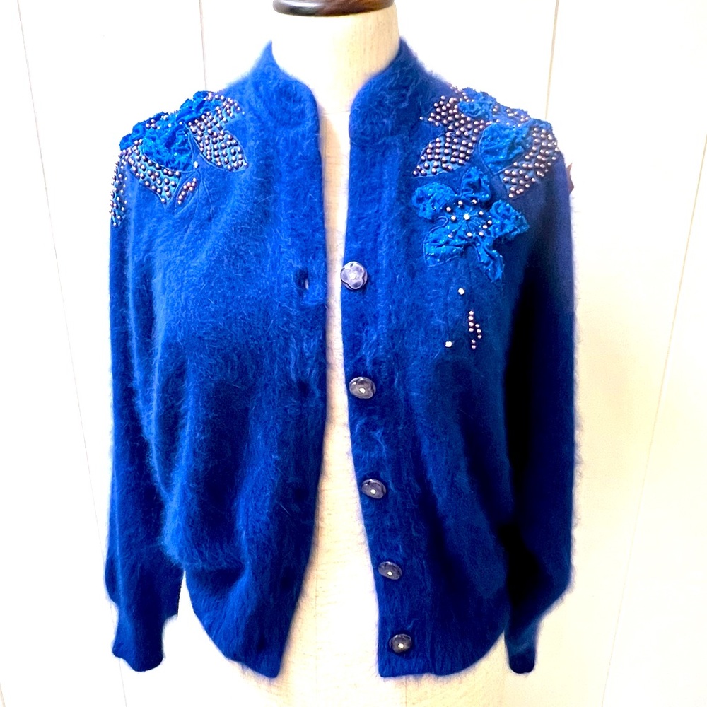 80s Vintage Angora Royal Blue Jeweled Sweater